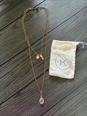 Katia Designs Rose Gold Layered Necklace with Pink Crystal Pendant